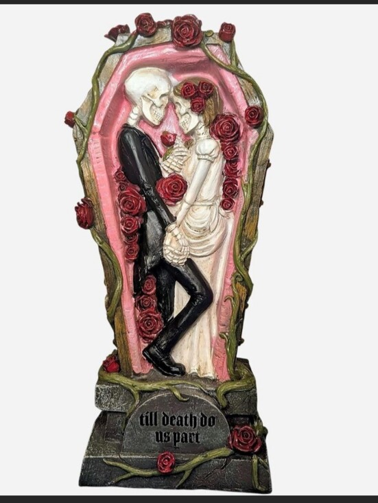 Other - Till Death Do Us Part Skeleton Couple Tombstone Sculpture - Pink & Black